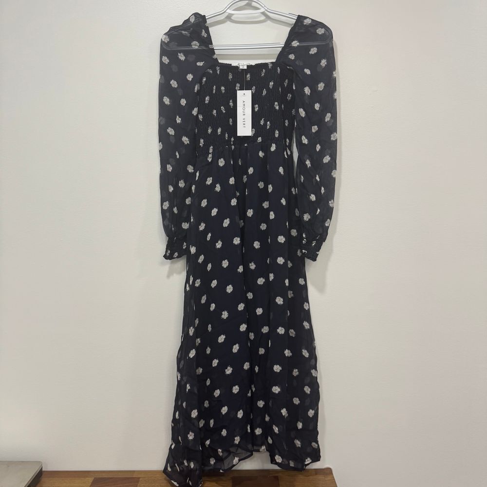 Amour Vert Womens Carolina Dress XS Black Smocked Floral Midi Long Sleeve Puff